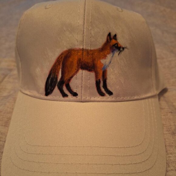 Hand-Painted Fox Hat on White Baseball Hat. - Picture 7 of 10